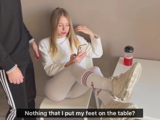 Girlfriend, insolent, legs on table, received sex.